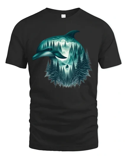 Mystical Dolphin Forest Moon Graphic T Shirt Nature Art - black t-shirt on white background