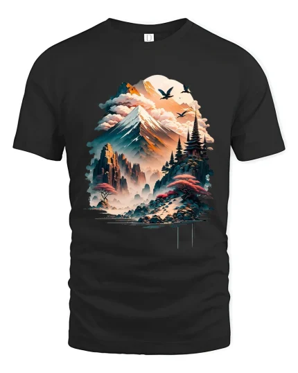 Mystical Mountain Temple Landscape Graphic T Shirt Art - black t-shirt on white background