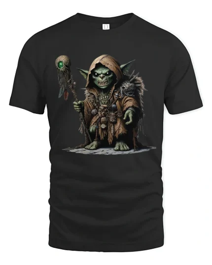 Dark Fantasy Goblin Shaman Warrior Illustration Graphic T Shirt - black t-shirt on white background
