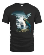 Surreal Pirate Parrot Ocean Silhouette Fantasy Graphic T Shirt - black t-shirt on white background