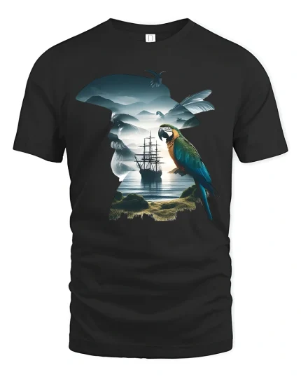 Surreal Pirate Parrot Ocean Silhouette Fantasy Graphic T Shirt - black t-shirt on white background
