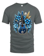 Blue Floral Guitar Art Graphic T Shirt Elegant Music Design - gray t-shirt on white background