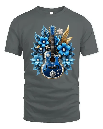 Blue Floral Guitar Art Graphic T Shirt Elegant Music Design - gray t-shirt on white background