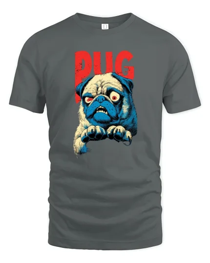 Angry Pug Attitude Graphic T Shirt Bold Funny Dog Art - gray t-shirt on white background
