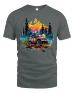 Off Road Adventure Jeep Graphic T Shirt Mountain Forest Art - gray t-shirt on white background
