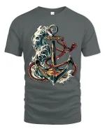 Nautical Anchor Ocean Wave Illustration Graphic T Shirt - gray t-shirt on white background