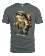 Adventurer Frog Backpack Explorer Illustration Graphic T Shirt - gray t-shirt on white background