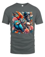 Pirate Parrot Skull Rose Fantasy Art Graphic Tee - gray t-shirt on white background