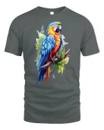 Colorful Tropical Parrot Illustration Art Graphic Tee - gray t-shirt on white background