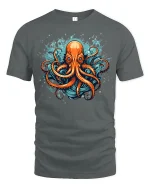 Fierce Ocean Octopus Splash Art Graphic Tee Design - gray t-shirt on white background