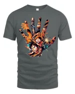 Epic Anime Pirate Hand Art Graphic Tee With Bold Action Energy - gray t-shirt on white background