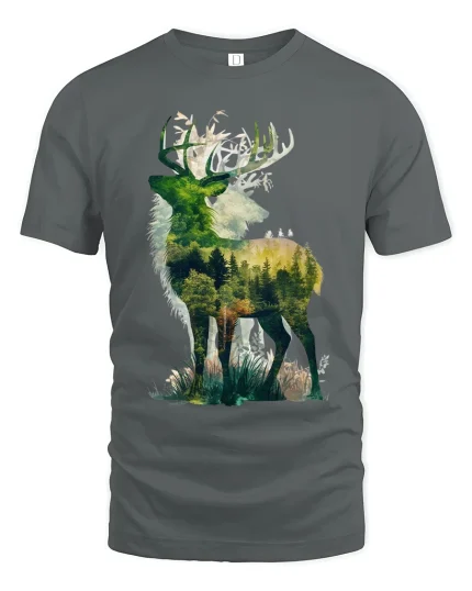 Majestic Forest Deer Silhouette Nature Graphic T Shirt Art - gray t-shirt on white background
