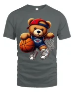 Cute Basketball Teddy Bear Graphic T Shirt Fun Sports Style - gray t-shirt on white background