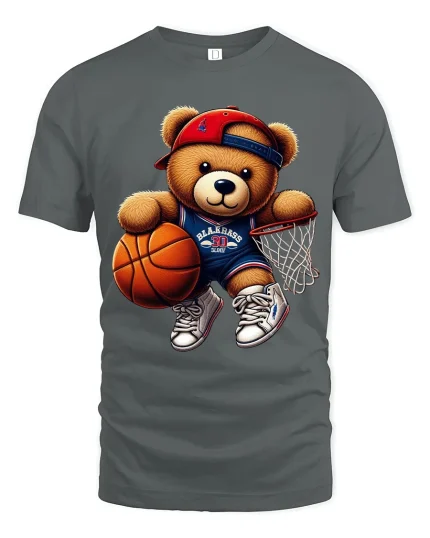 Cute Basketball Teddy Bear Graphic T Shirt Fun Sports Style - gray t-shirt on white background