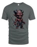 Dark Fantasy Demon Warrior Graphic T Shirt Fierce Artwork - gray t-shirt on white background