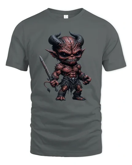 Dark Fantasy Demon Warrior Graphic T Shirt Fierce Artwork - gray t-shirt on white background