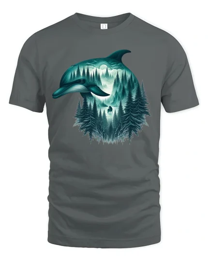 Mystical Dolphin Forest Moon Graphic T Shirt Nature Art - gray t-shirt on white background