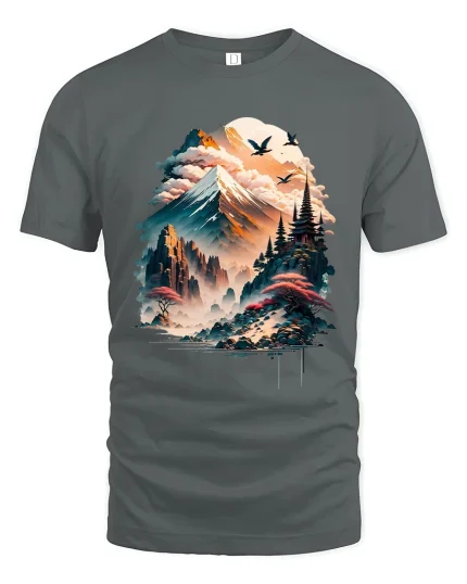 Mystical Mountain Temple Landscape Graphic T Shirt Art - gray t-shirt on white background