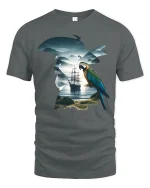 Surreal Pirate Parrot Ocean Silhouette Fantasy Graphic T Shirt - gray t-shirt on white background