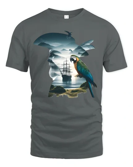Surreal Pirate Parrot Ocean Silhouette Fantasy Graphic T Shirt - gray t-shirt on white background