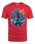 Blue Floral Guitar Art Graphic T Shirt Elegant Music Design - red t-shirt on white background