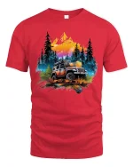Off Road Adventure Jeep Graphic T Shirt Mountain Forest Art - red t-shirt on white background