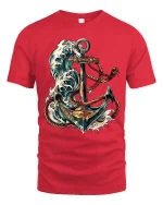 Nautical Anchor Ocean Wave Illustration Graphic T Shirt - red t-shirt on white background