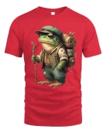 Adventurer Frog Backpack Explorer Illustration Graphic T Shirt - red t-shirt on white background