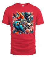 Pirate Parrot Skull Rose Fantasy Art Graphic Tee - red t-shirt on white background