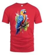 Colorful Tropical Parrot Illustration Art Graphic Tee - red t-shirt on white background