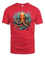 Fierce Ocean Octopus Splash Art Graphic Tee Design - red t-shirt on white background