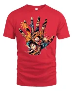 Epic Anime Pirate Hand Art Graphic Tee With Bold Action Energy - red t-shirt on white background
