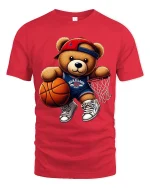 Cute Basketball Teddy Bear Graphic T Shirt Fun Sports Style - red t-shirt on white background