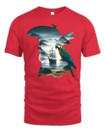 Surreal Pirate Parrot Ocean Silhouette Fantasy Graphic T Shirt - red t-shirt on white background