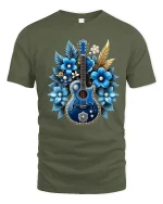 Blue Floral Guitar Art Graphic T Shirt Elegant Music Design - military green t-shirt on white background