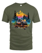 Off Road Adventure Jeep Graphic T Shirt Mountain Forest Art - military green t-shirt on white background