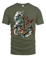 Nautical Anchor Ocean Wave Illustration Graphic T Shirt - military green t-shirt on white background