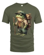 Adventurer Frog Backpack Explorer Illustration Graphic T Shirt - military green t-shirt on white background