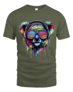 Colorful Koala With Headphones Neon Art Music Graphic T Shirt - military green t-shirt on white background