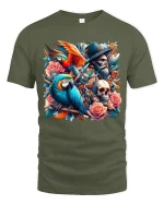 Pirate Parrot Skull Rose Fantasy Art Graphic Tee - military green t-shirt on white background