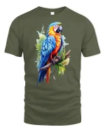 Colorful Tropical Parrot Illustration Art Graphic Tee - military green t-shirt on white background