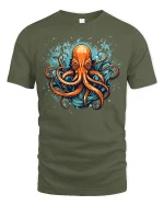 Fierce Ocean Octopus Splash Art Graphic Tee Design - military green t-shirt on white background