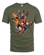 Epic Anime Pirate Hand Art Graphic Tee With Bold Action Energy - military green t-shirt on white background