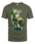 Majestic Forest Deer Silhouette Nature Graphic T Shirt Art - military green t-shirt on white background