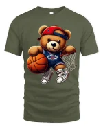 Cute Basketball Teddy Bear Graphic T Shirt Fun Sports Style - military green t-shirt on white background
