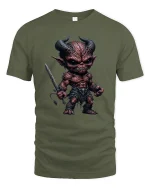 Dark Fantasy Demon Warrior Graphic T Shirt Fierce Artwork - military green t-shirt on white background
