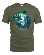 Mystical Dolphin Forest Moon Graphic T Shirt Nature Art - military green t-shirt on white background
