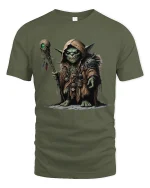 Dark Fantasy Goblin Shaman Warrior Illustration Graphic T Shirt - military green t-shirt on white background