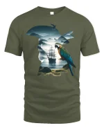 Surreal Pirate Parrot Ocean Silhouette Fantasy Graphic T Shirt - military green t-shirt on white background