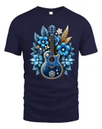 Blue Floral Guitar Art Graphic T Shirt Elegant Music Design - navy t-shirt on white background